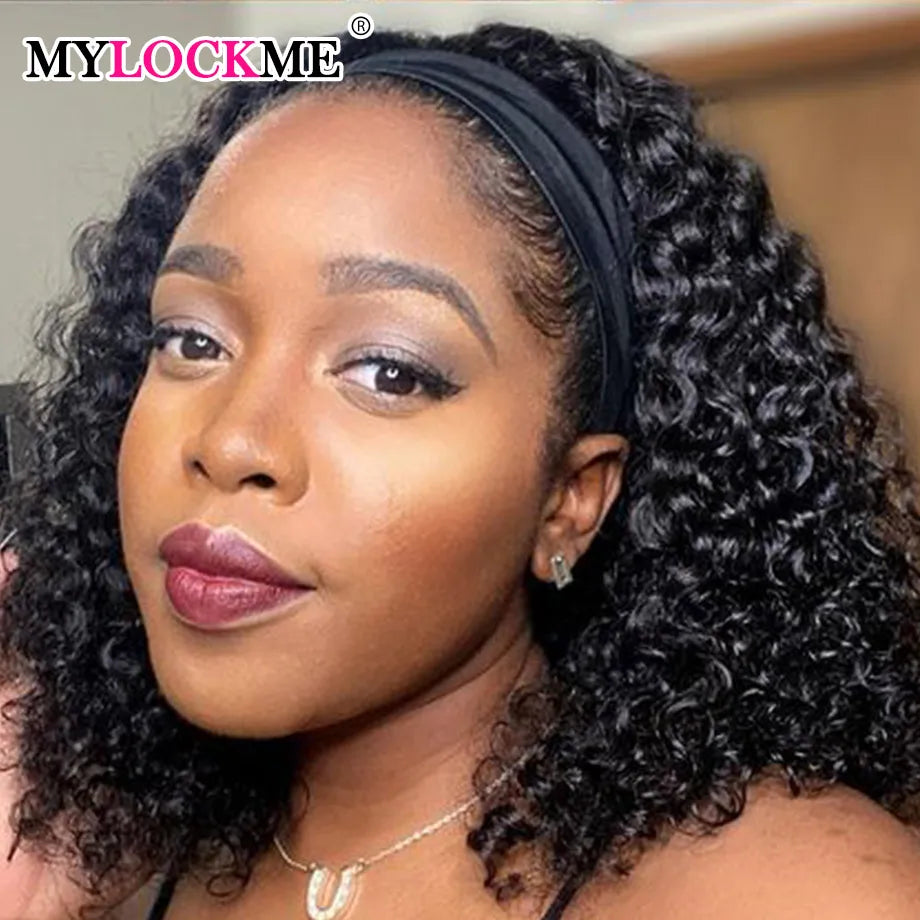 Headband Wig Human Hair - Kinky Curly MYLOCKME No Glue, Full Machine Made Brazilian Remy Hair for Women, 180% Density
