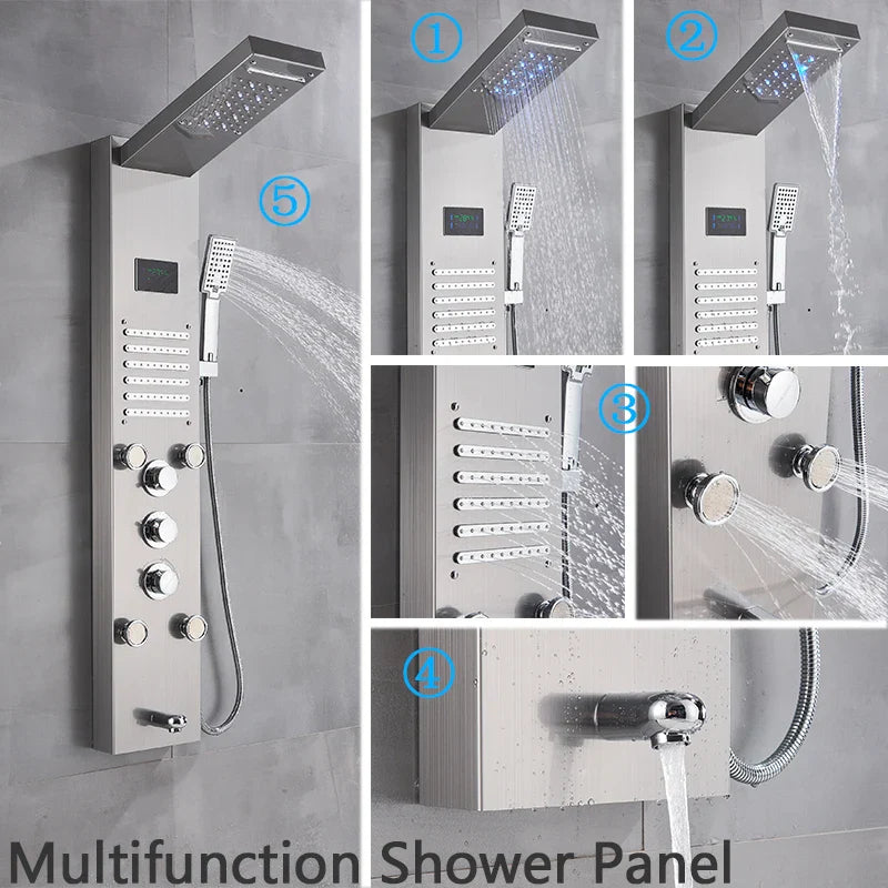 Brushed Nickel Bathroom Shower Column - Wall-Mounted Black LED Shower Panel with Digital Screen, 6 Modes & Rainfall Mixer Tap