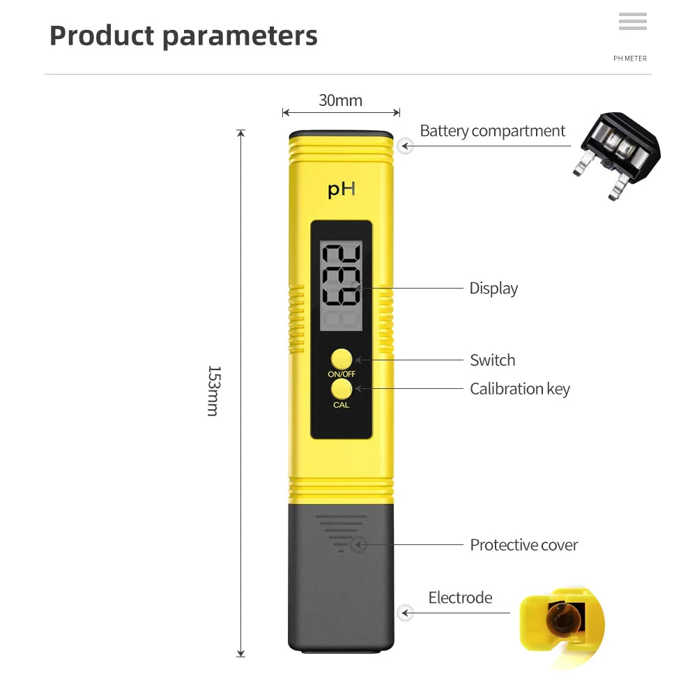 LCD Digital PH Meter - Portable Water Quality Tester, 0.1 ATC High Accuracy PH Test Pen for Aquarium, Pool & Hydroponics