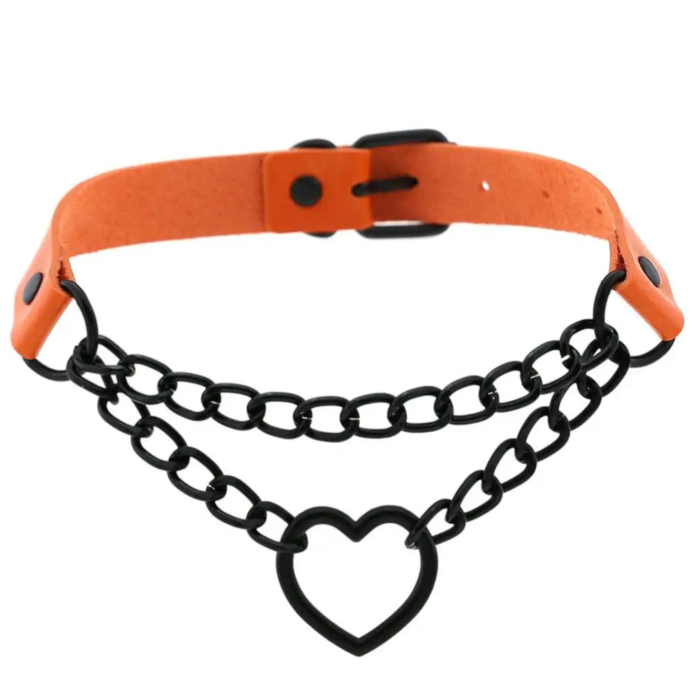Vintage Heart Necklace Choker – Goth Collar with Chain, Grunge Punk, Cute Kawaii Egirl Harajuku Accessories for Girls