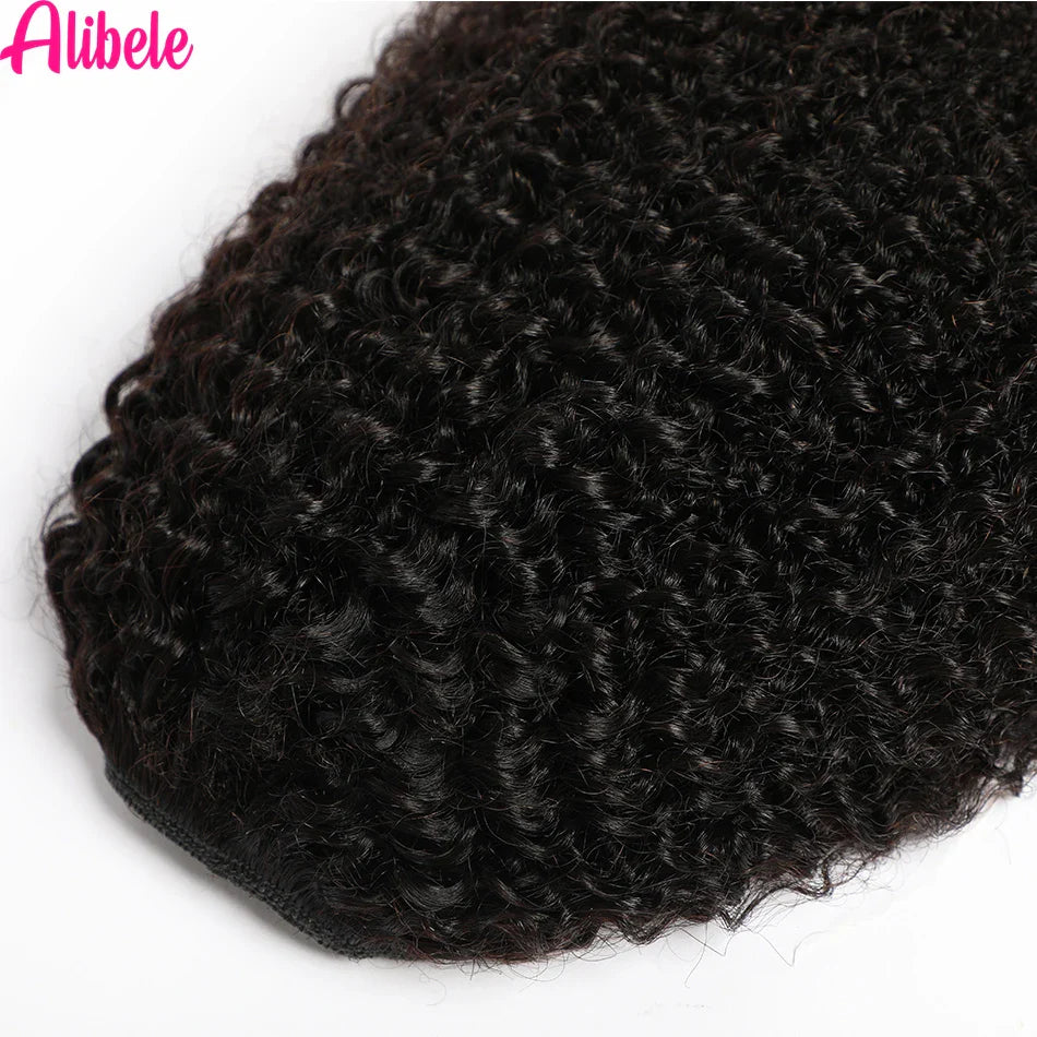Alibele Mongolian Afro Kinky Curly Drawstring Ponytail – 4B/4C Remy Human Hair Extensions 10-28 Inch Clip-In