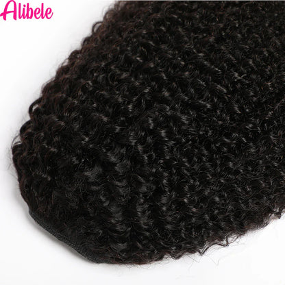 Alibele Mongolian Afro Kinky Curly Drawstring Ponytail – 4B/4C Remy Human Hair Extensions 10-28 Inch Clip-In