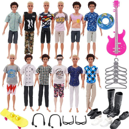 30-Piece Ken Doll Accessories Set — Clothes, Glasses, Shoes, Hangers, Guitar, Skateboard & Headsets for Barbie Dolls, DIY Toy for Girls