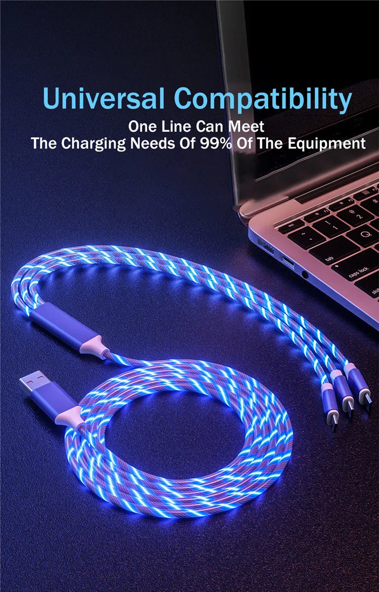 3-in-1 LED Glowing Charging Cable – 3A Micro USB & Type-C Flowing Streamer Cord for iPhone, Xiaomi & Huawei