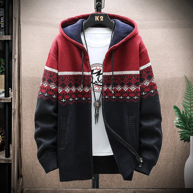 Men's Winter Plaid Hooded Cardigan – Warm Wool Fleece Zipper Jacket Knit Sweater Coat