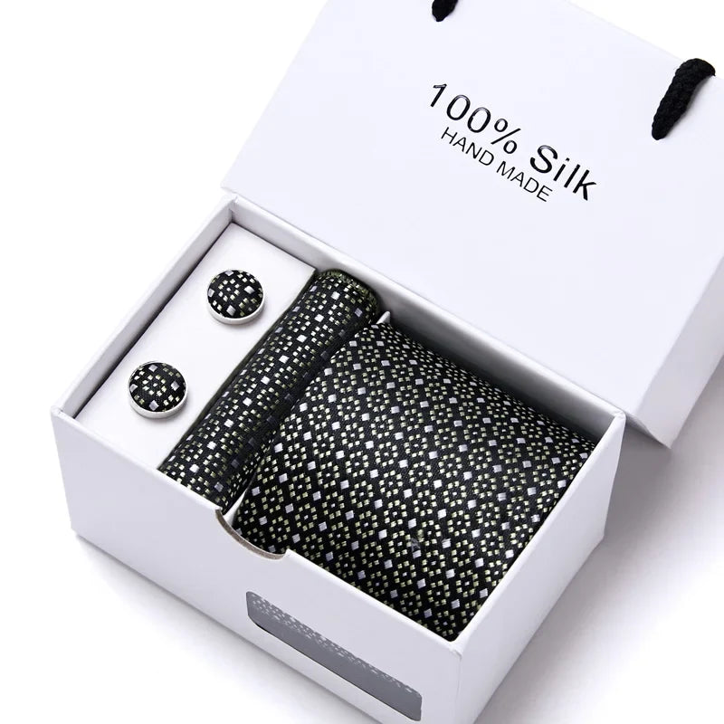 100% Silk Tie Gift Set - Classic Striped Wedding Necktie with Handkerchief for Men