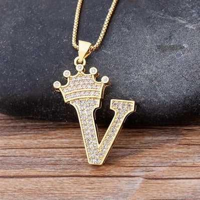 Nidin Luxury A-Z Crown Alphabet Pendant – Copper Zircon Initial Necklace Chain, Hip-Hop Style Jewelry for Men & Women