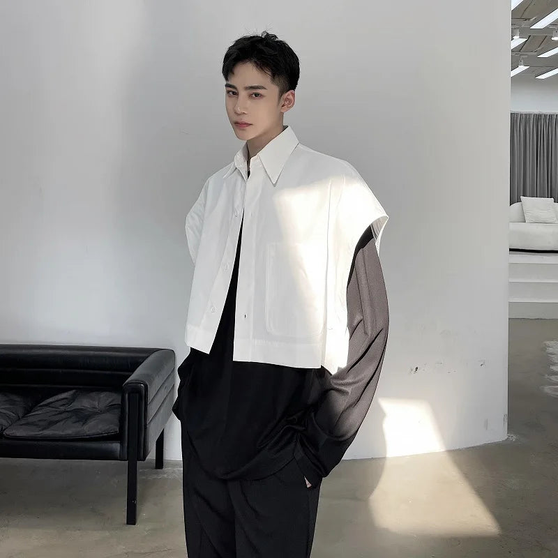 Men’s Wide Shoulder Sleeveless Shirt – Loose Casual Short Style Streetwear, Japan & Korea Fashion