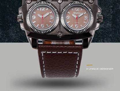 Oulm Men’s Two Time Zone Army Pilot Watch — Large Military Quartz Leather Strap Wristwatch