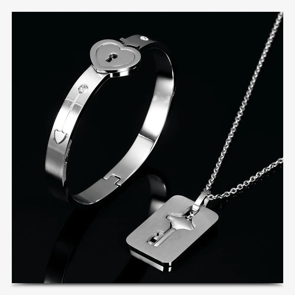 Couple Jewelry Set – Stainless Steel Love Heart Lock Bracelets & Key Pendant Necklace for Men & Women Gift