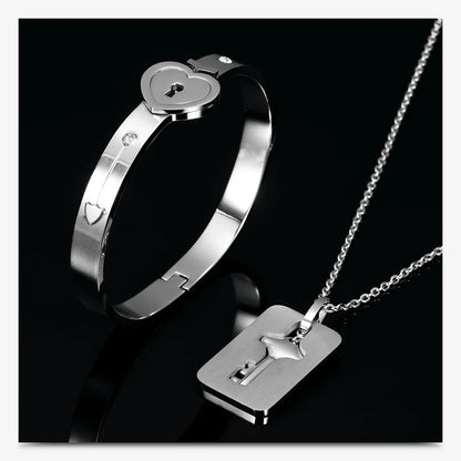 Couple Jewelry Set – Stainless Steel Love Heart Lock Bracelets & Key Pendant Necklace for Men & Women Gift