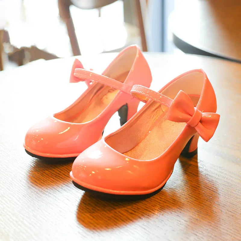 Girls Princess Bowtie Leather Sandals - Sweet High Heel Shoes for Children, Autumn Dress Footwear SZ107