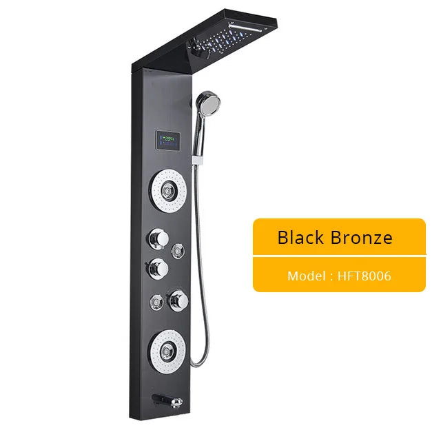 Brushed Nickel Bathroom Shower Column - Wall-Mounted Black LED Shower Panel with Digital Screen, 6 Modes & Rainfall Mixer Tap