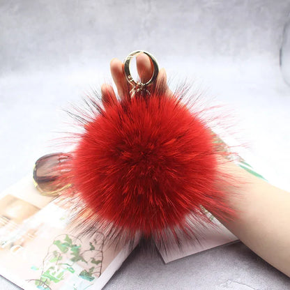 Luxury 15cm Fluffy Real Raccoon Fur Pom Pom Keychain – High-Quality Metal Ring Pendant for Women