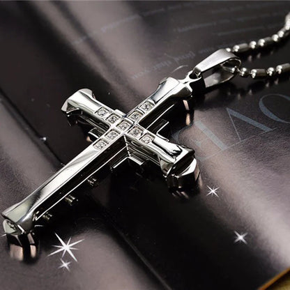 SUMENG 2025 Crystal Cross Jesus Pendant Necklace – Stainless Steel Gold/Black/Blue Zirconia Religious Jewelry for Men, Fashion Christian Gift