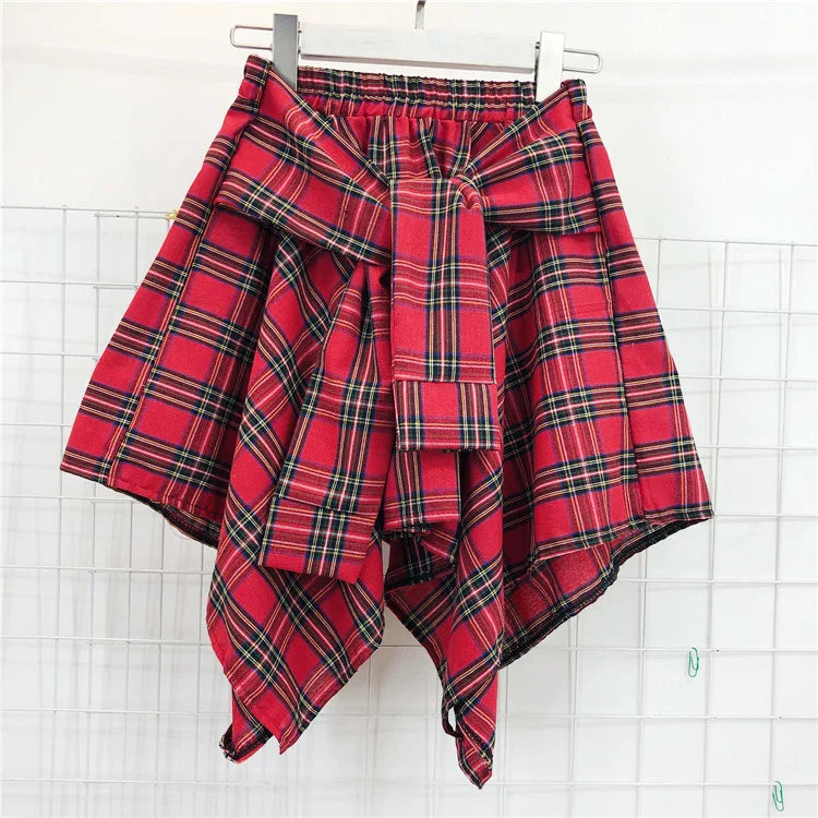 TOTRUST Women’s Fashion Asymmetrical Summer Plaid Mini Skirt – Casual College Style Fake Shirt Design