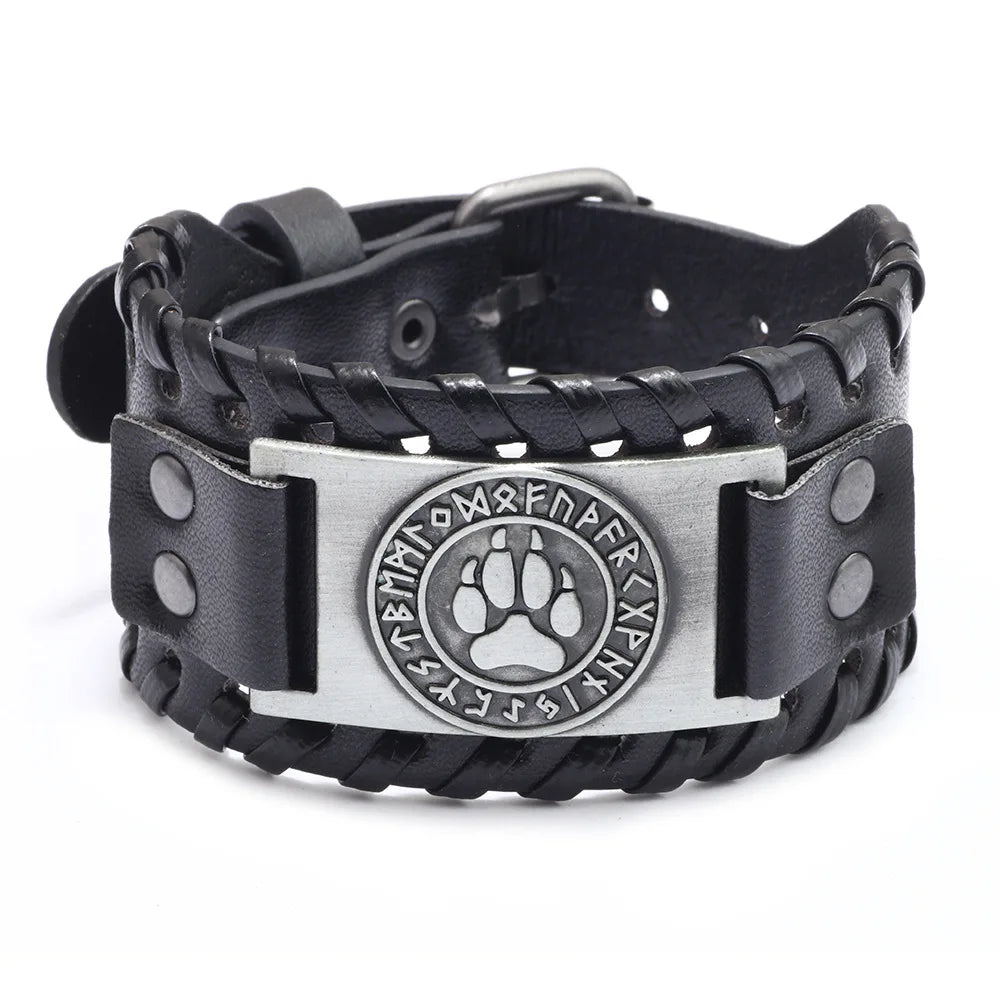Totem Design Wide Leather Pirate Compass Bracelet - Men's Celtic Viking Jewelry, Party Gift Accessories
