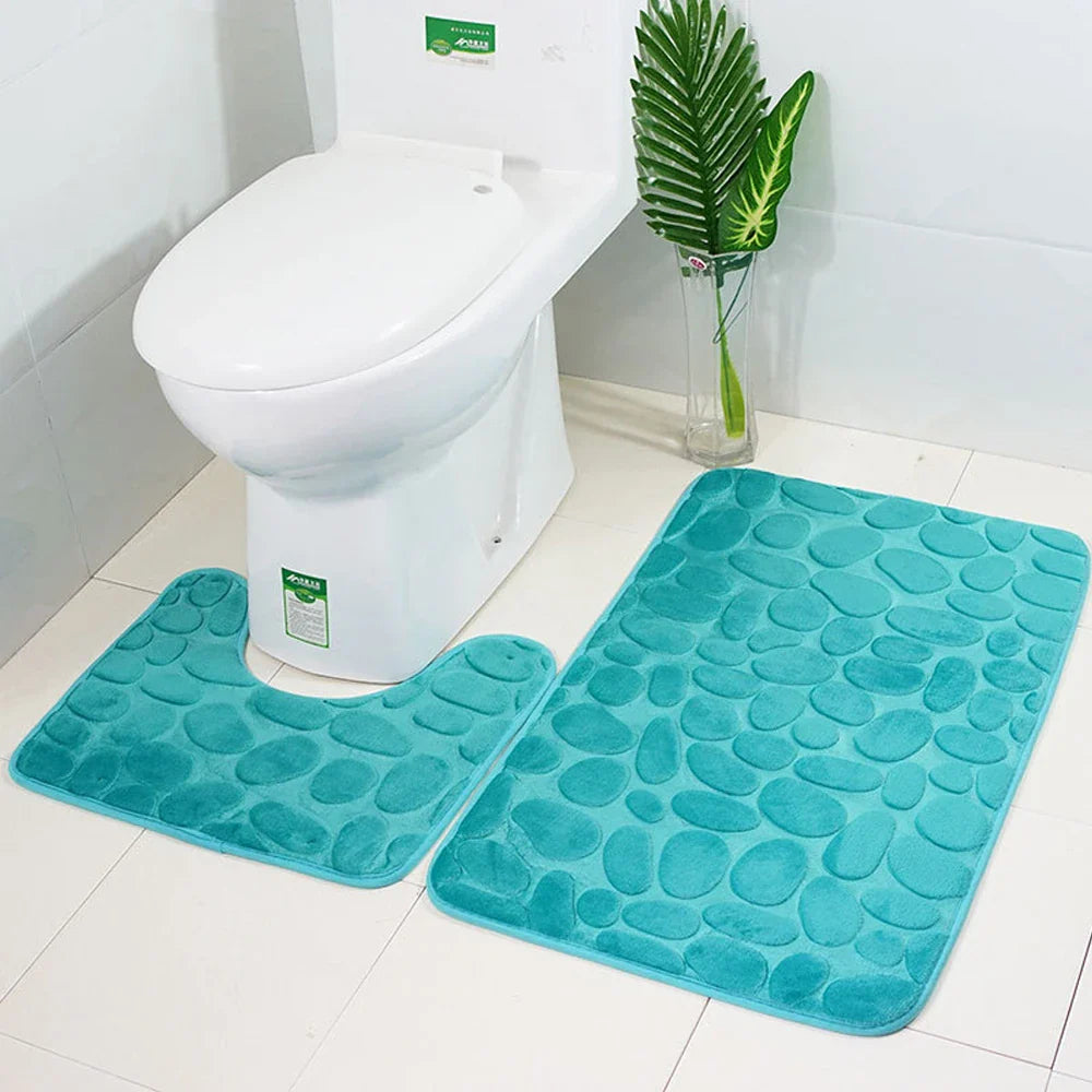 2PC Set Funnel Cobblestone Anti-Slip Bathroom Mat - Toilet Rug, New Bath Mat Set