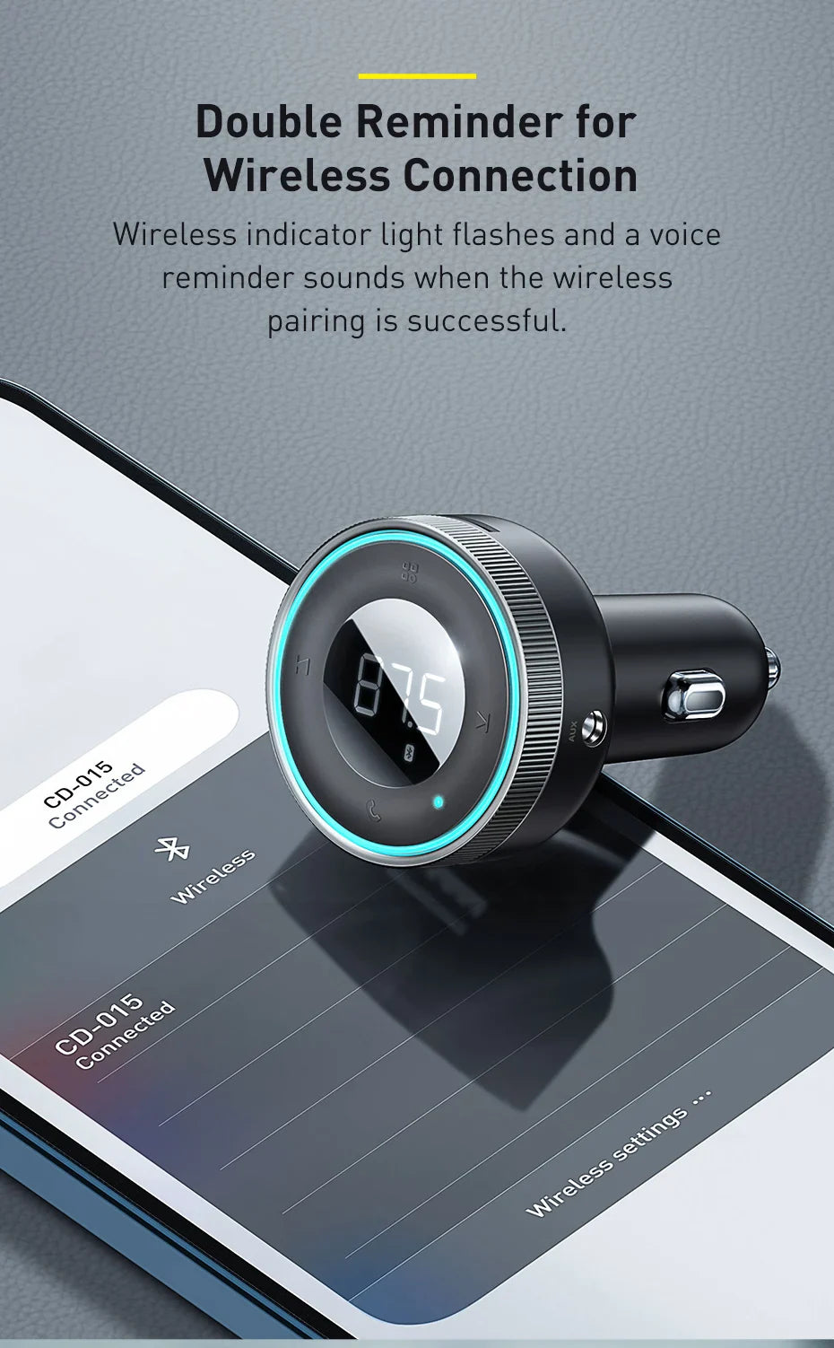 Baseus Bluetooth 5.0 FM Transmitter – Wireless Car Kit with USB Fast Charger, AUX, MP3 Player & Hands-Free Calling