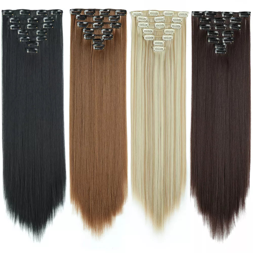 24-Inch Long Straight Synthetic Hair Extensions - Blonde & Black, Heat Resistant, 16 Clips-In Hairstyle Enhancement
