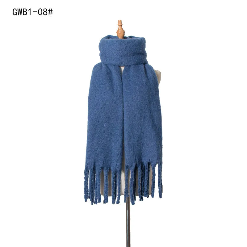Luxury Cashmere Scarf for Women - Thickened Warm Shawl with Classic Tassels, Soft Solid Color Wrap for Autumn and Winter