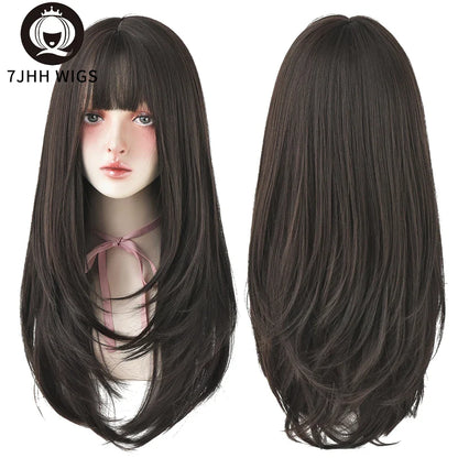 7JHHWIGS Long Straight Light Brown Synthetic Wig with Bangs – Heat-Resistant Daily Wear Wig for Women