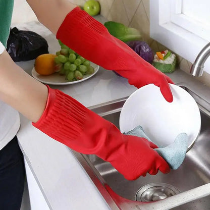 Red Waterproof Rubber Gloves - Long Latex Sleeve for Dish Washing and Kitchen Cleaning