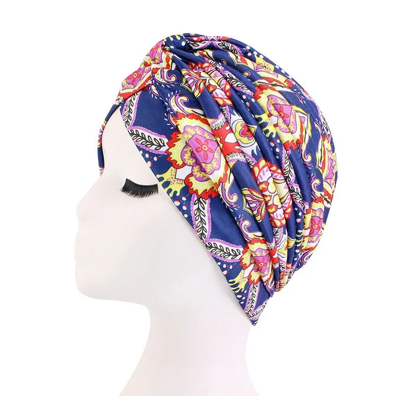 African Print Turban Head Wrap - Soft Stretch Twisted Pleated Beanie Bonnet for Women, Headtie & Chemo Cap