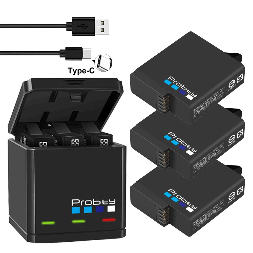 Original Probty Battery & Triple Charger for GoPro Hero 7/6/5 Black – Camera Power Accessory