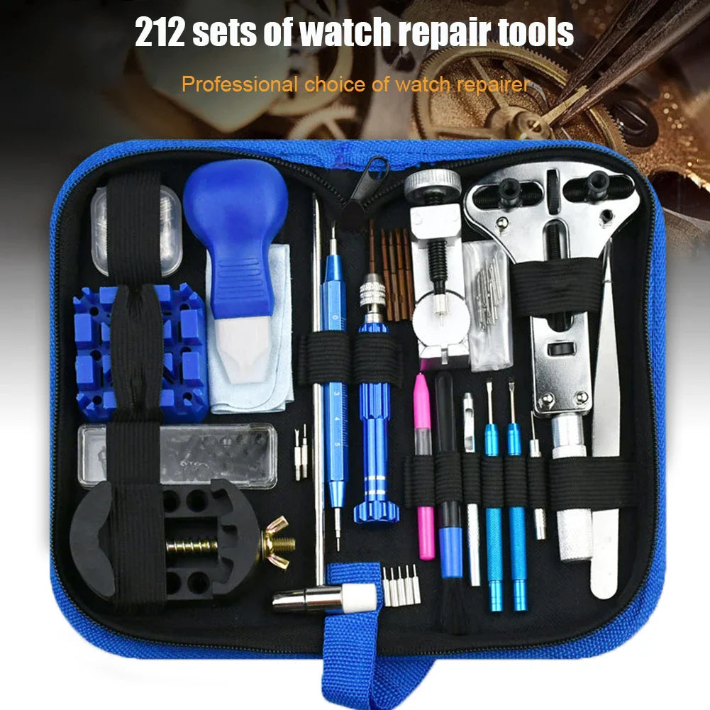 212pcs Watch Repair Tool Kit – Watch Opener, Screwdrivers, Pry Knife, Pin Hammer & Band Link Set for Watchmakers and Clockmakers