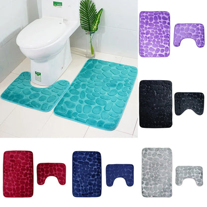 2PC Set Funnel Cobblestone Anti-Slip Bathroom Mat - Toilet Rug, New Bath Mat Set