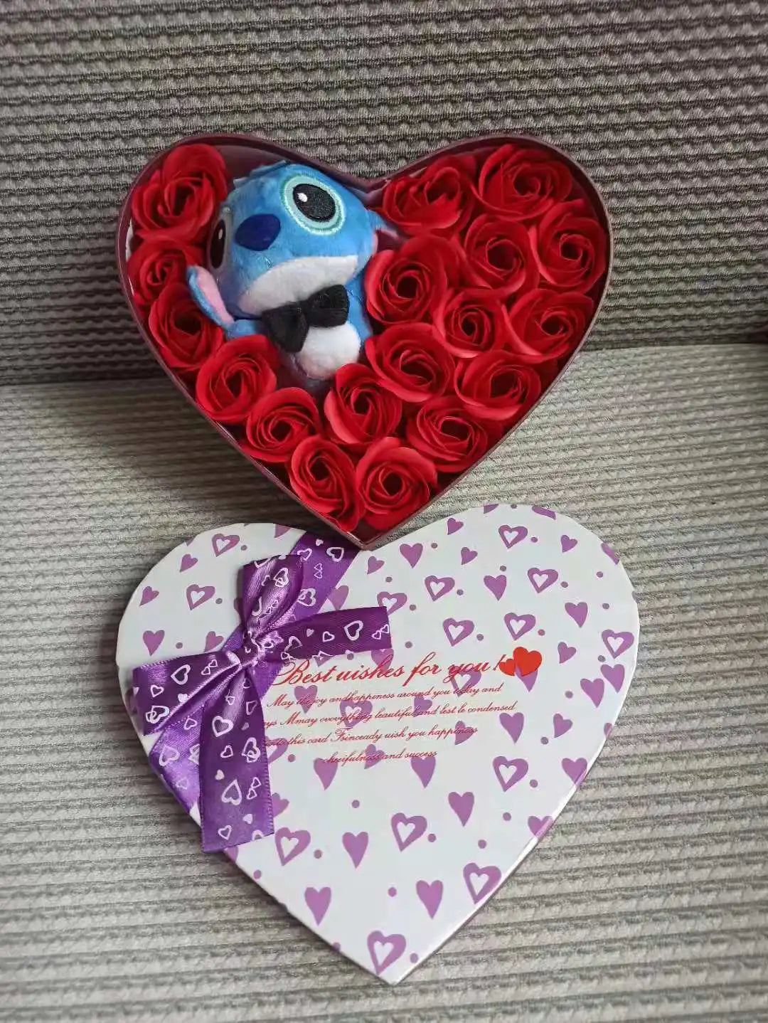 Disney Lilo & Stitch Plush Doll with Rose Bouquet – Gift Box & Flower Arrangement for Valentine’s & Christmas