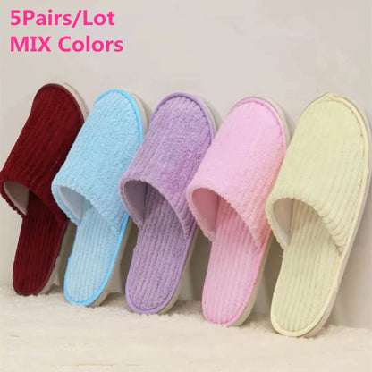 5 Pairs Mix Color Disposable Hotel Slippers – Cotton Non-Slip Slides for Men & Women Home, Travel, SPA & Hospitality Use