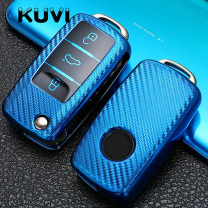 TPU Carbon Fiber Car Key Case Cover for VW & Skoda – Fits Polo, Tiguan, Passat B5 B6 B7, Golf 4 5 6 MK6, Jetta, Lavida, Octavia