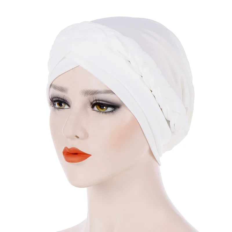 Women’s Cotton Head Scarf – Solid Turban Bonnet Hijab Cap with White Pearl Inner, Muslim Arab Wrap