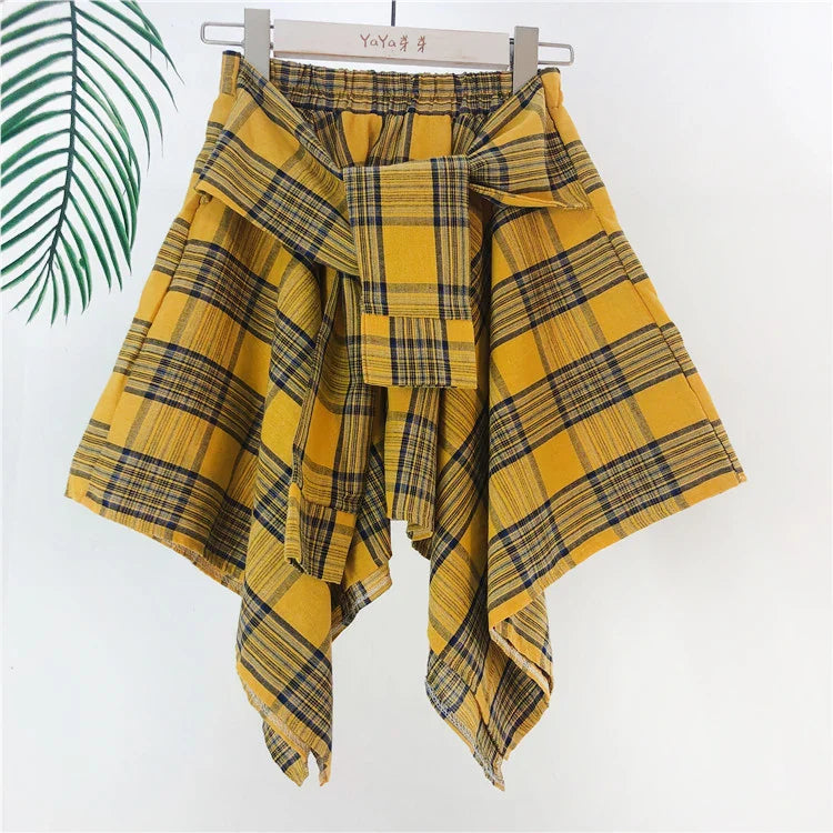 TOTRUST Women’s Fashion Asymmetrical Summer Plaid Mini Skirt – Casual College Style Fake Shirt Design