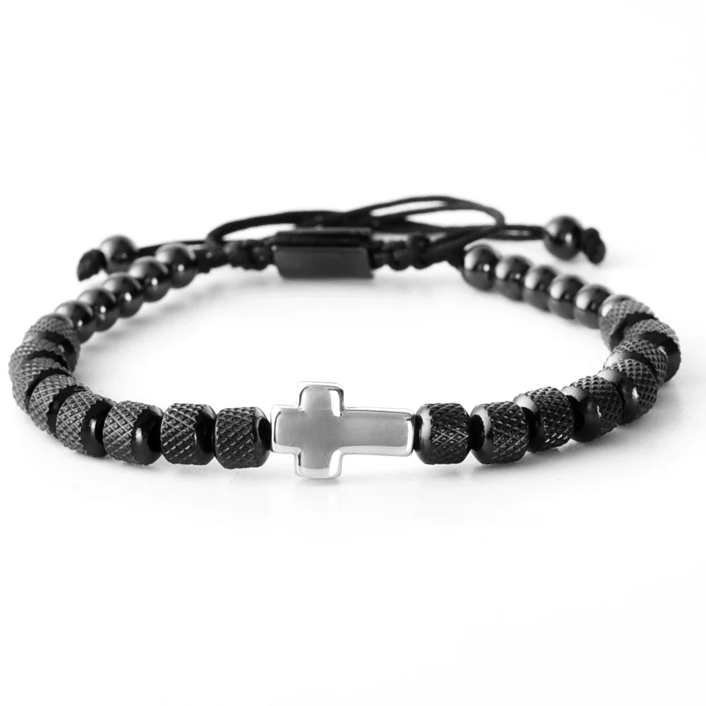 Cross Charm Beaded Bracelet - Stainless Steel Handmade Prayer Chain Jewelry Gift for Men & Women