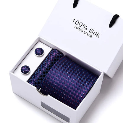 100% Silk Tie Gift Set - Classic Striped Wedding Necktie with Handkerchief for Men