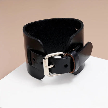 Modyle Fashion Wide Genuine Leather Bracelet – Brown and Black Cuff Bangles, Vintage Punk Wristband for Men