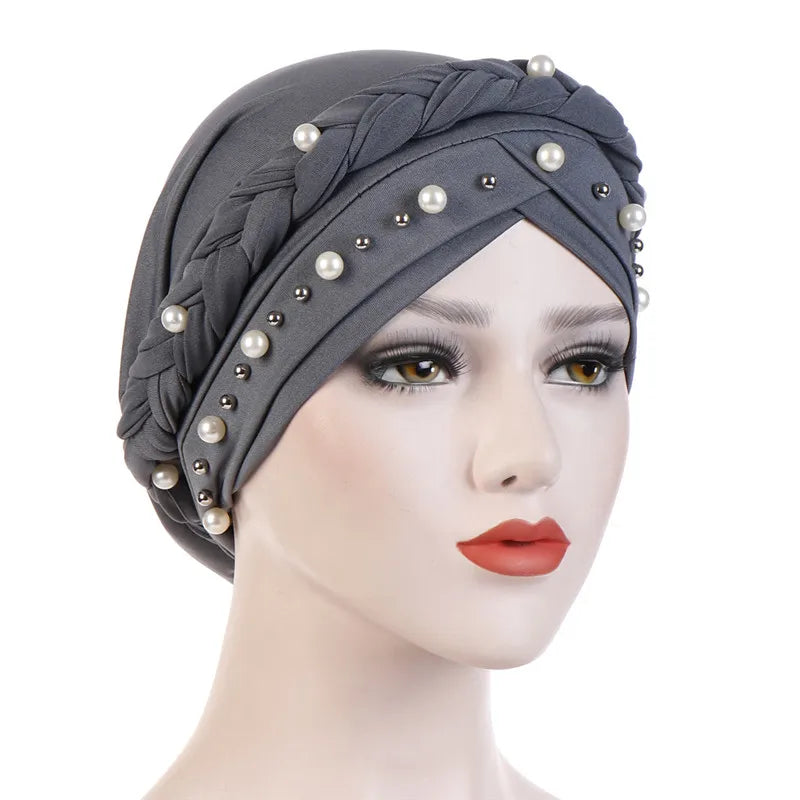 Women’s Cotton Head Scarf – Solid Turban Bonnet Hijab Cap with White Pearl Inner, Muslim Arab Wrap