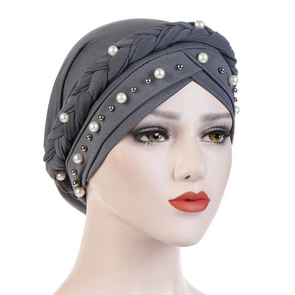 Women’s Cotton Head Scarf – Solid Turban Bonnet Hijab Cap with White Pearl Inner, Muslim Arab Wrap