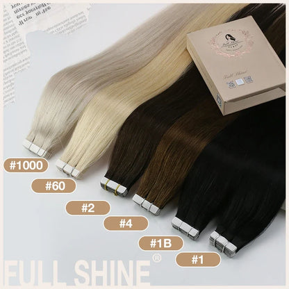 Full Shine Tape In Human Hair Extensions - 100% Remy Straight Hair Double Sided Silky Natural Tapes for Women