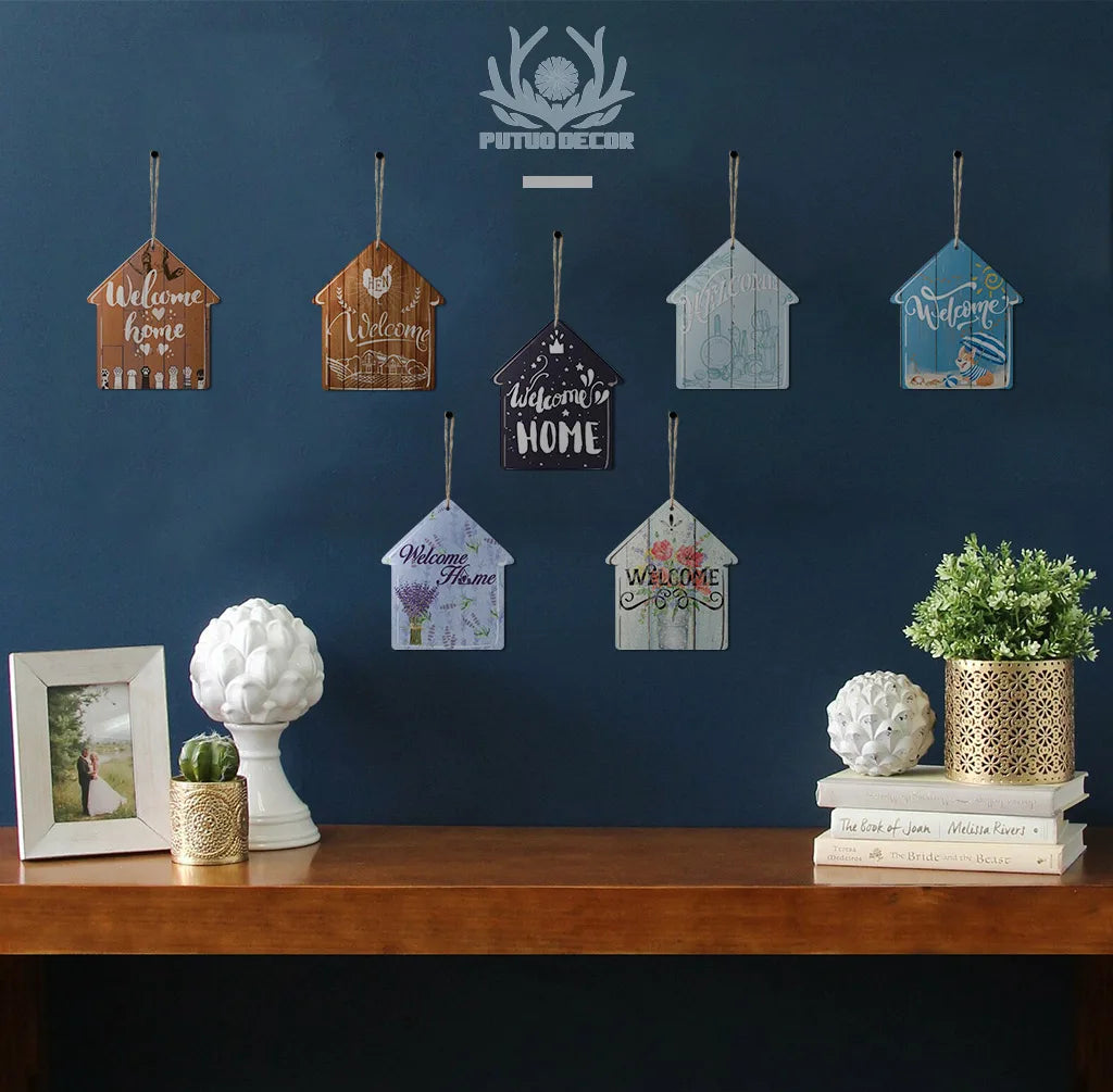 Putuo Decor Welcome House Shaped Wooden Sign – Rustic Hanging Plate for Home, Living Room Wall Decor