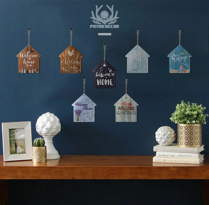 Putuo Decor Welcome House Shaped Wooden Sign – Rustic Hanging Plate for Home, Living Room Wall Decor