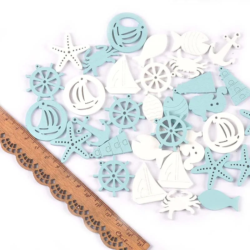 20PCS Ocean Theme Blue & White Wood Slice Embellishments – DIY Scrapbooking, Crafts & Home Decor