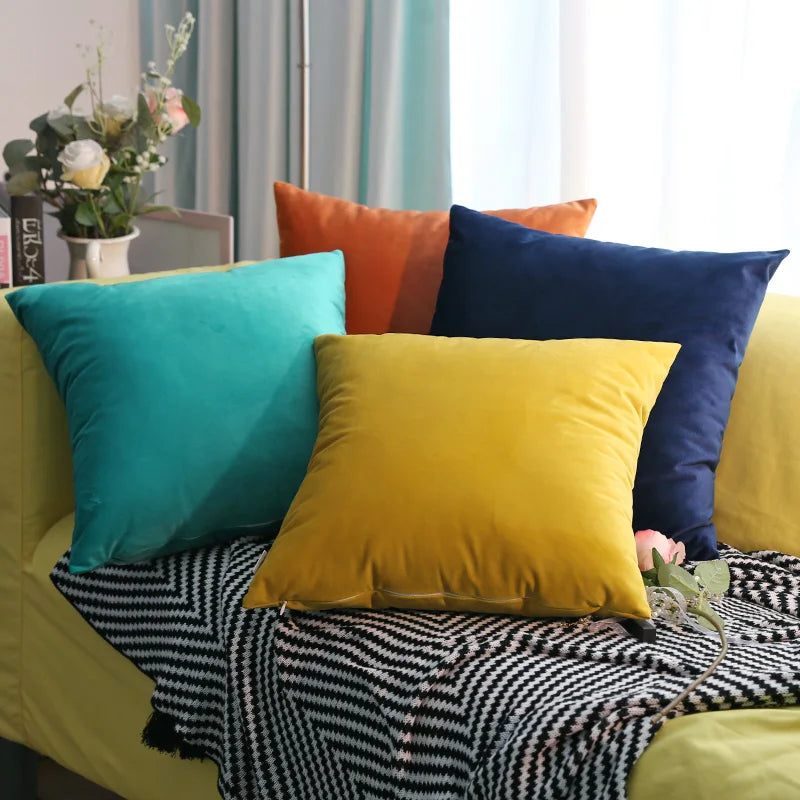 Solid Velvet Pillowcase – Red, Yellow, Blue, & Green Cushion for Sofa, Car, Living Room Home Decor, 45x45cm