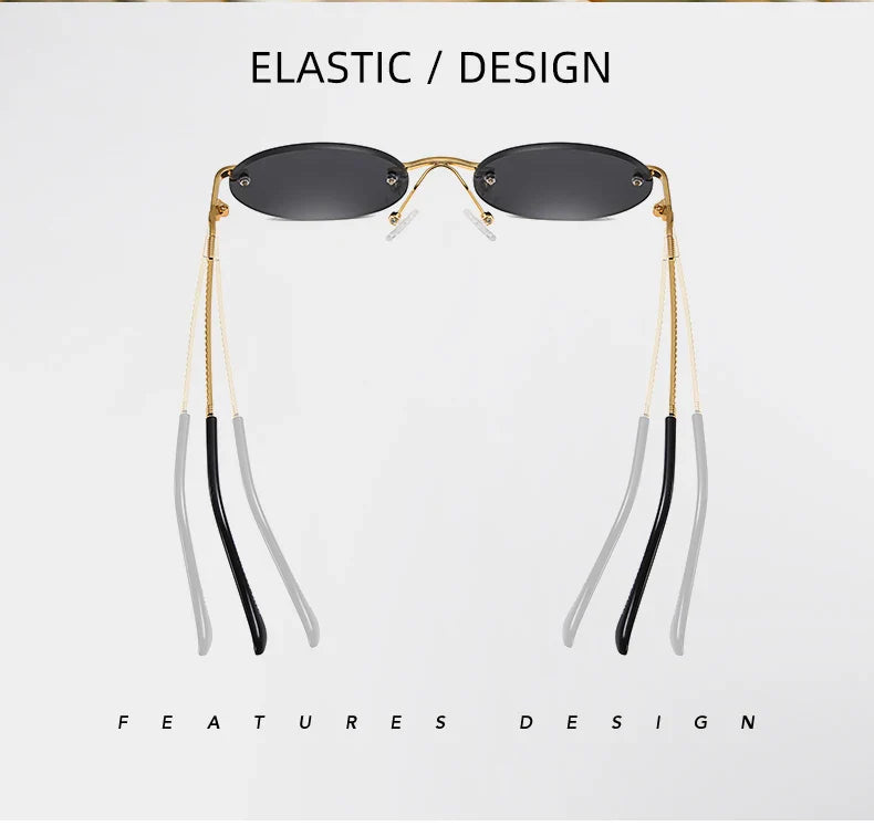 Retro Oval Rimless Sunglasses – Blue Mirror Gold Metal UV400 for Men & Women