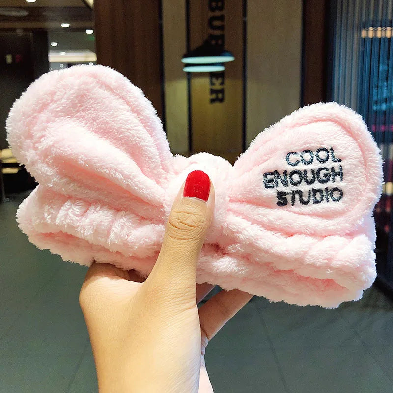 Soft Coral Fleece Bow Headband – Wash Face Hair Holder with Animal Ears for Women & Girls