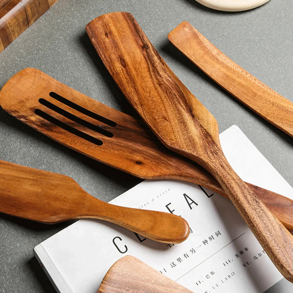 1-9pcs Teak Wood Tableware Set – Natural Wooden Cooking Spoons, Colander Spoon & Soup Skimmer Kitchen Tool Kit