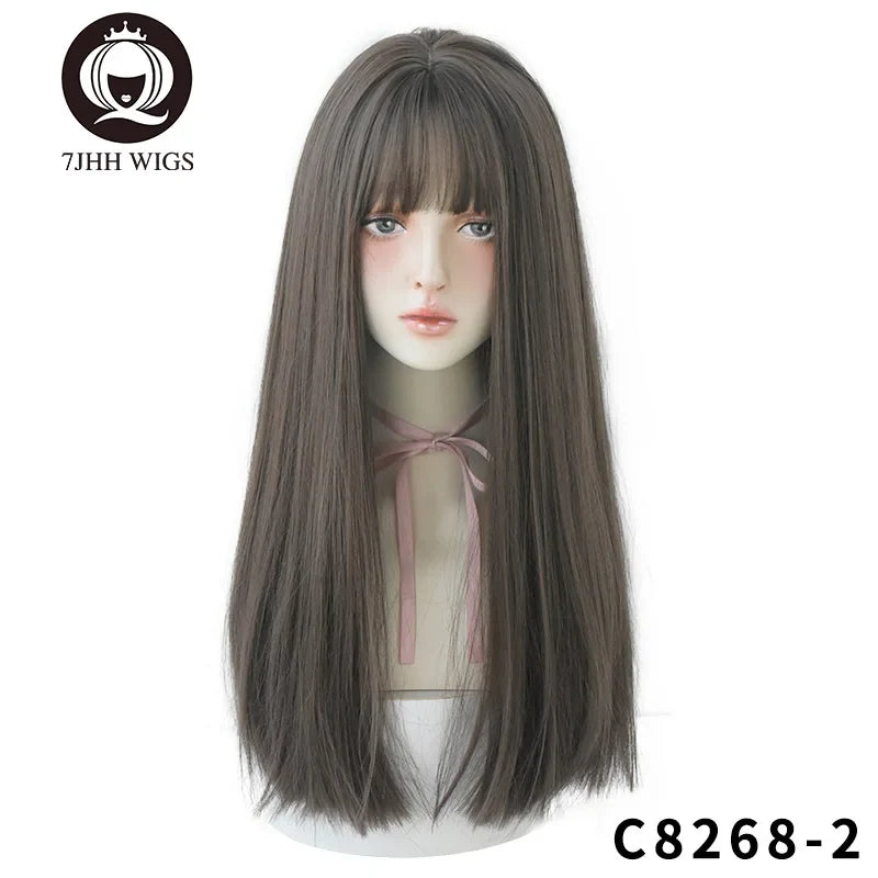 7JHHWIGS Long Straight Light Brown Synthetic Wig with Bangs – Heat-Resistant Daily Wear Wig for Women